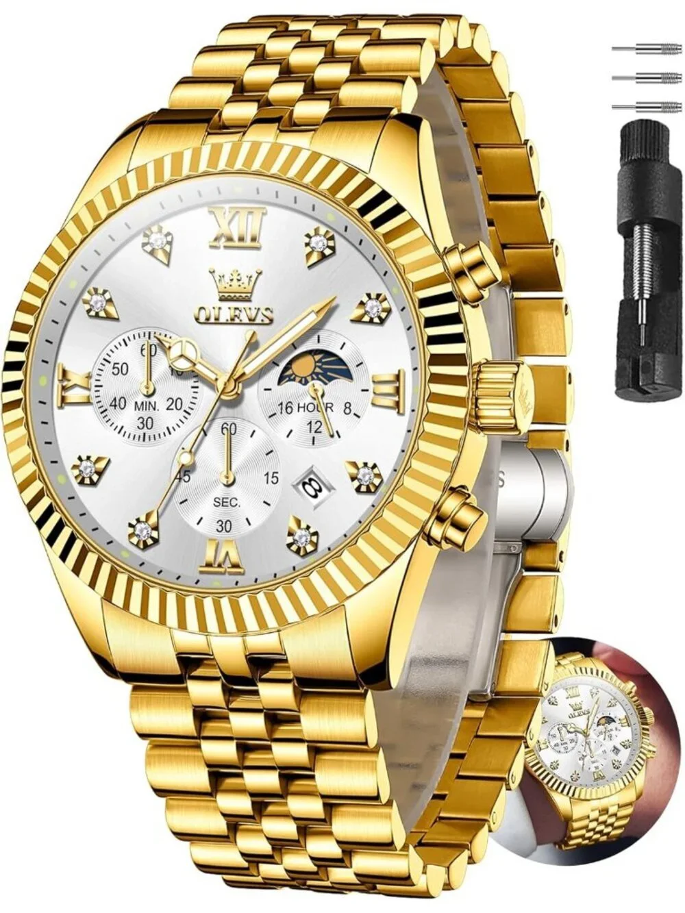 Men's White Gold Diamond Stainless Steel Waterproof Roman Numbers Classic Watch